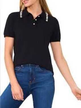 Alice + Olivia Black Short Sleeve Polo with Jeweled Collar